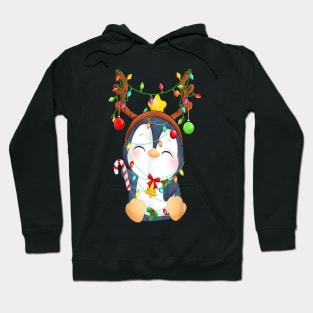 Cute Penguin Christmas Reindeer Color Lights Happy Holiday Hoodie